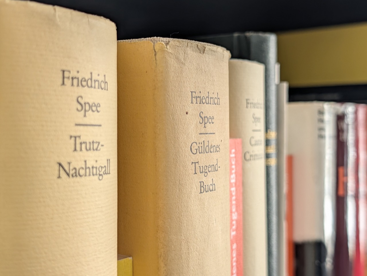 Buchrücken historischer Friedrich-Spee-Ausgaben in warmem Beige, darunter Trutz-Nachtigall und Güldenes Tugend-Buch