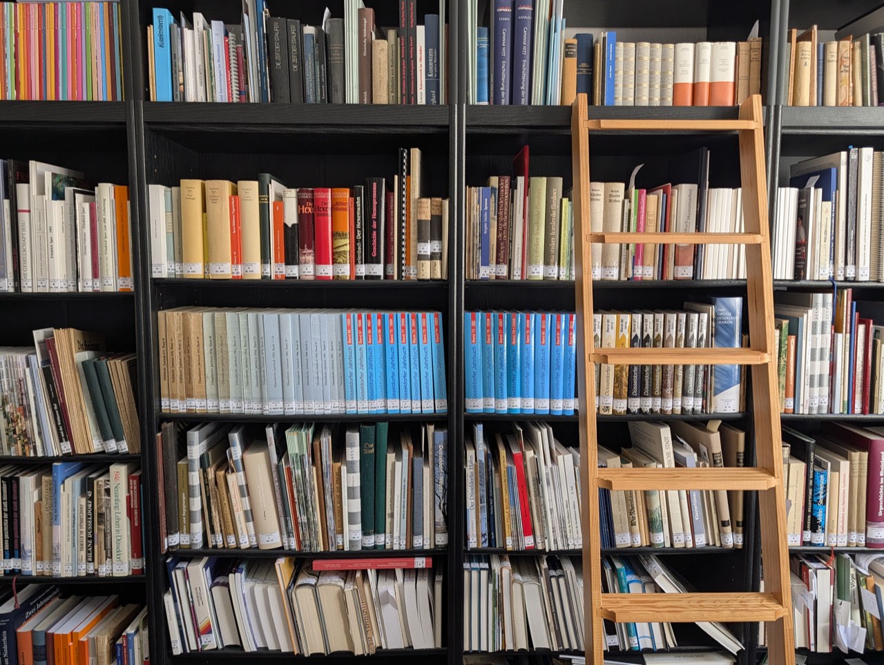 Bibliotheksregal mit Holzleiter und dicht gefüllten Buchreihen